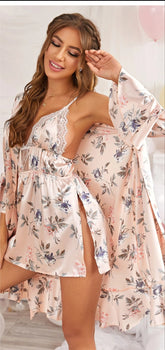 Peach Floral Satin Chemise and Kimono Set